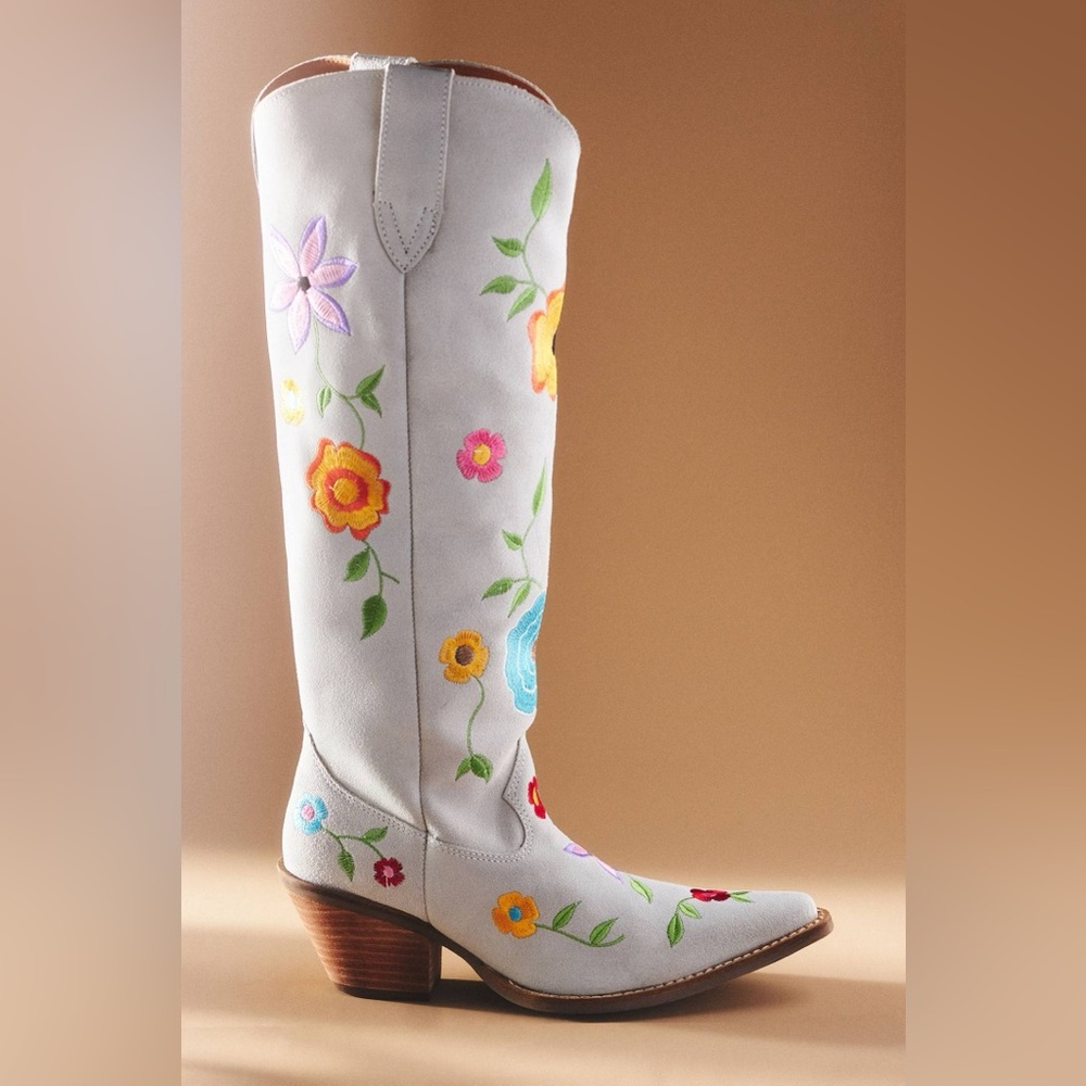 Viral Dan Post Ladies Flower Power White Suede Tall Western Boots DI277-WH Sz9 - Picture 2 of 12